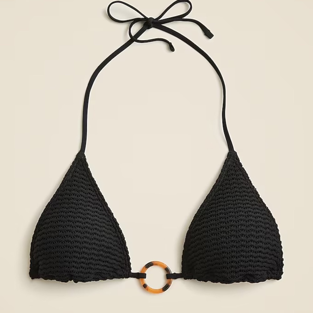 J. Crew Black Crochet Triangle Bikini Top with Tortoiseshell Ring